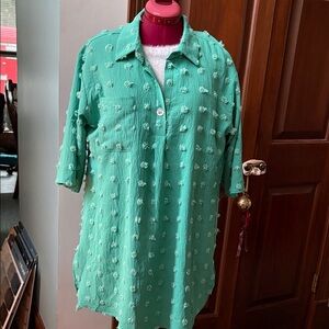 B  Dress shirt tail / collar V-neck 3/4 sleeves Chanille dot texture  dark mint
